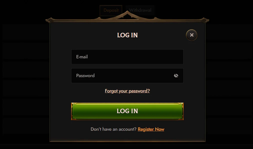 Crusado Casino login form with email and password fields, password recovery link and registration option
